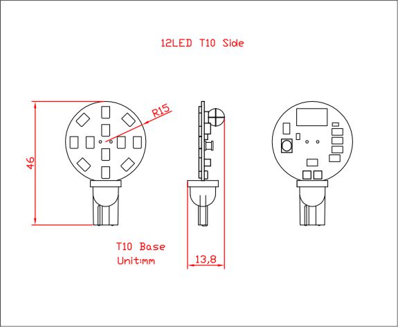 T10 12 LED - Dimensions
