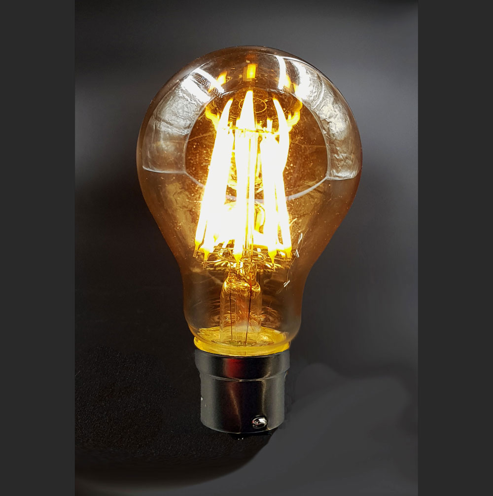 [B22-A60-8W-FIL-WW-12V] Vintage LED Filament A60 Bulb – B22, 12V / 24V DC